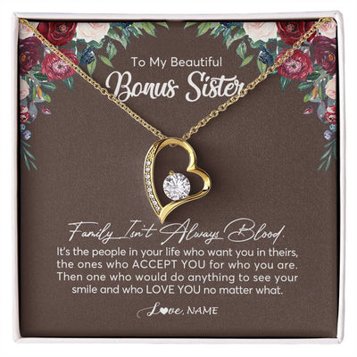 Forever Love Necklace 18K Yellow Gold Finish | Personalized To My Beautiful Bonus Sister Necklace Family Itn't Always Blood Sister In Law Jewelry Birthday Wedding Christmas Customized Gift Box Message Card | teecentury