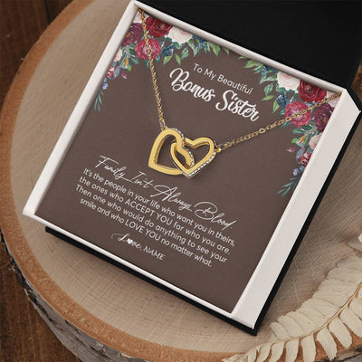 Interlocking Hearts Necklace 18K Yellow Gold Finish | Personalized To My Beautiful Bonus Sister Necklace Family Itn't Always Blood Sister In Law Jewelry Birthday Wedding Christmas Customized Gift Box Message Card | teecentury