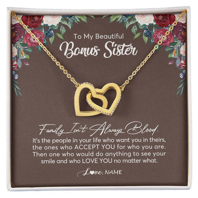 Interlocking Hearts Necklace 18K Yellow Gold Finish | Personalized To My Beautiful Bonus Sister Necklace Family Itn't Always Blood Sister In Law Jewelry Birthday Wedding Christmas Customized Gift Box Message Card | teecentury