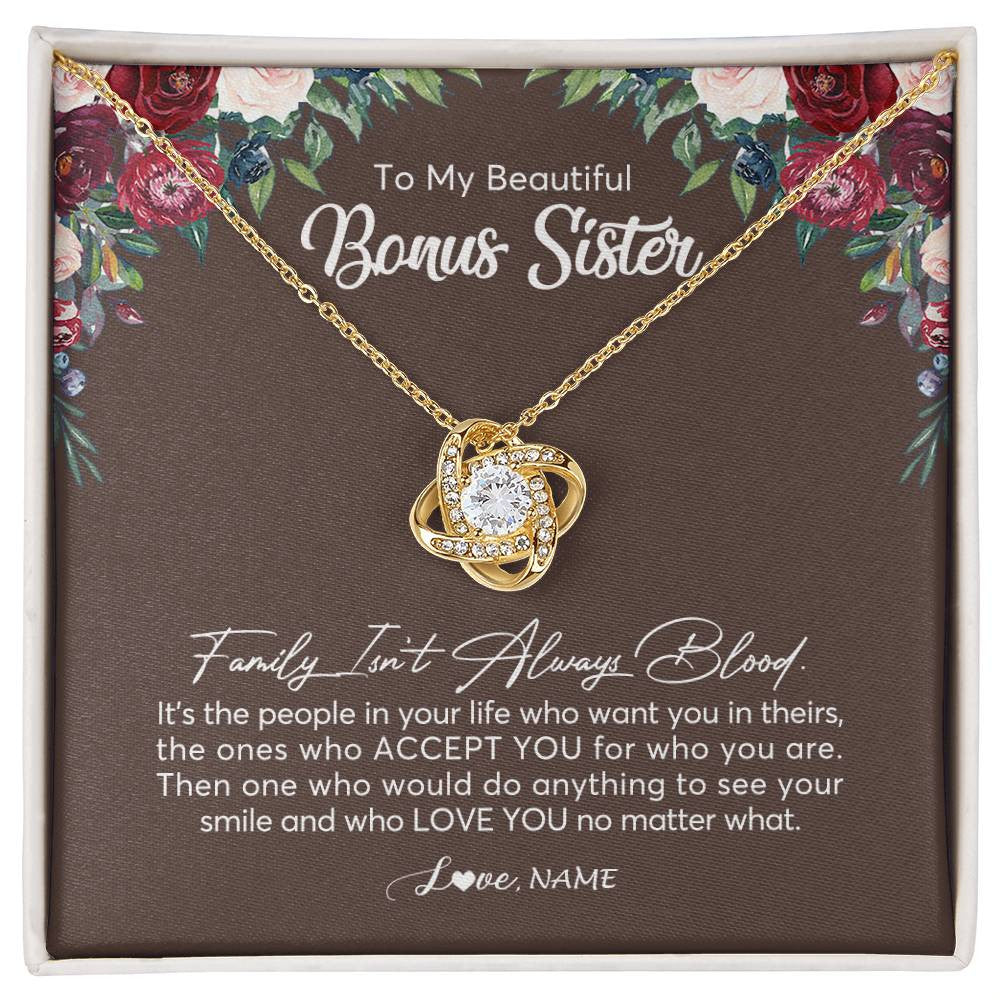 Love Knot Necklace 18K Yellow Gold Finish | Personalized To My Beautiful Bonus Sister Necklace Family Itn't Always Blood Sister In Law Jewelry Birthday Wedding Christmas Customized Gift Box Message Card | teecentury