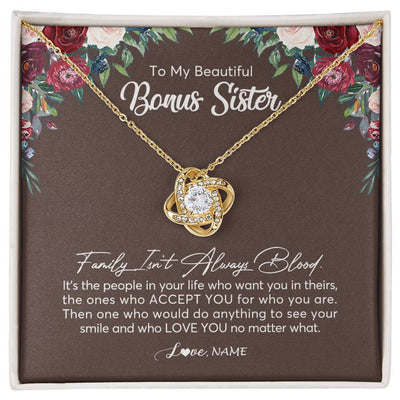 Love Knot Necklace 18K Yellow Gold Finish | Personalized To My Beautiful Bonus Sister Necklace Family Itn't Always Blood Sister In Law Jewelry Birthday Wedding Christmas Customized Gift Box Message Card | teecentury
