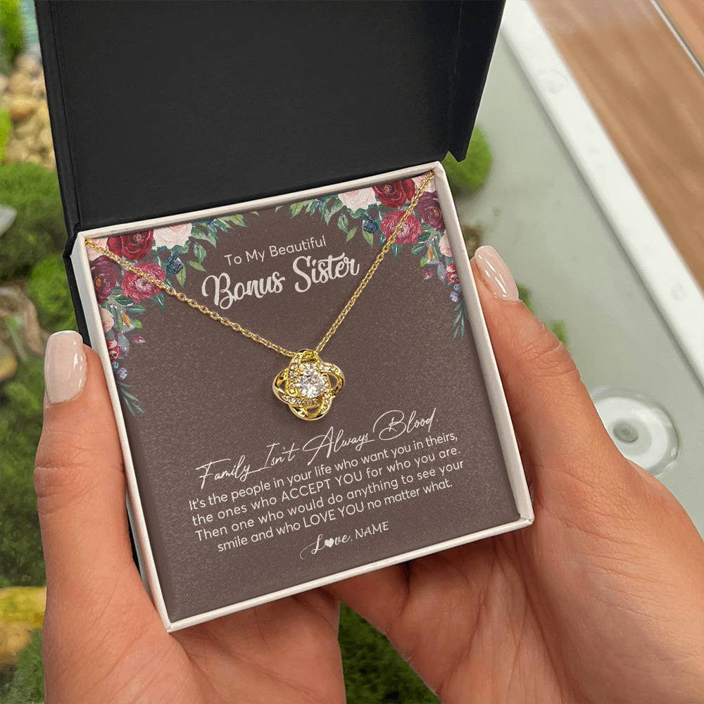 Love Knot Necklace 18K Yellow Gold Finish | Personalized To My Beautiful Bonus Sister Necklace Family Itn't Always Blood Sister In Law Jewelry Birthday Wedding Christmas Customized Gift Box Message Card | teecentury