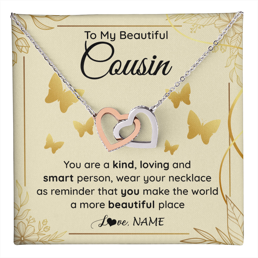 Interlocking Hearts Necklace Stainless Steel & Rose Gold Finish | 1 | Personalized To My Beautiful Cousin Necklace From Family You Are A Kind Loving Cousin Birthday Gifts Jewelry Christmas Customized Gift Box Message Card | teecentury