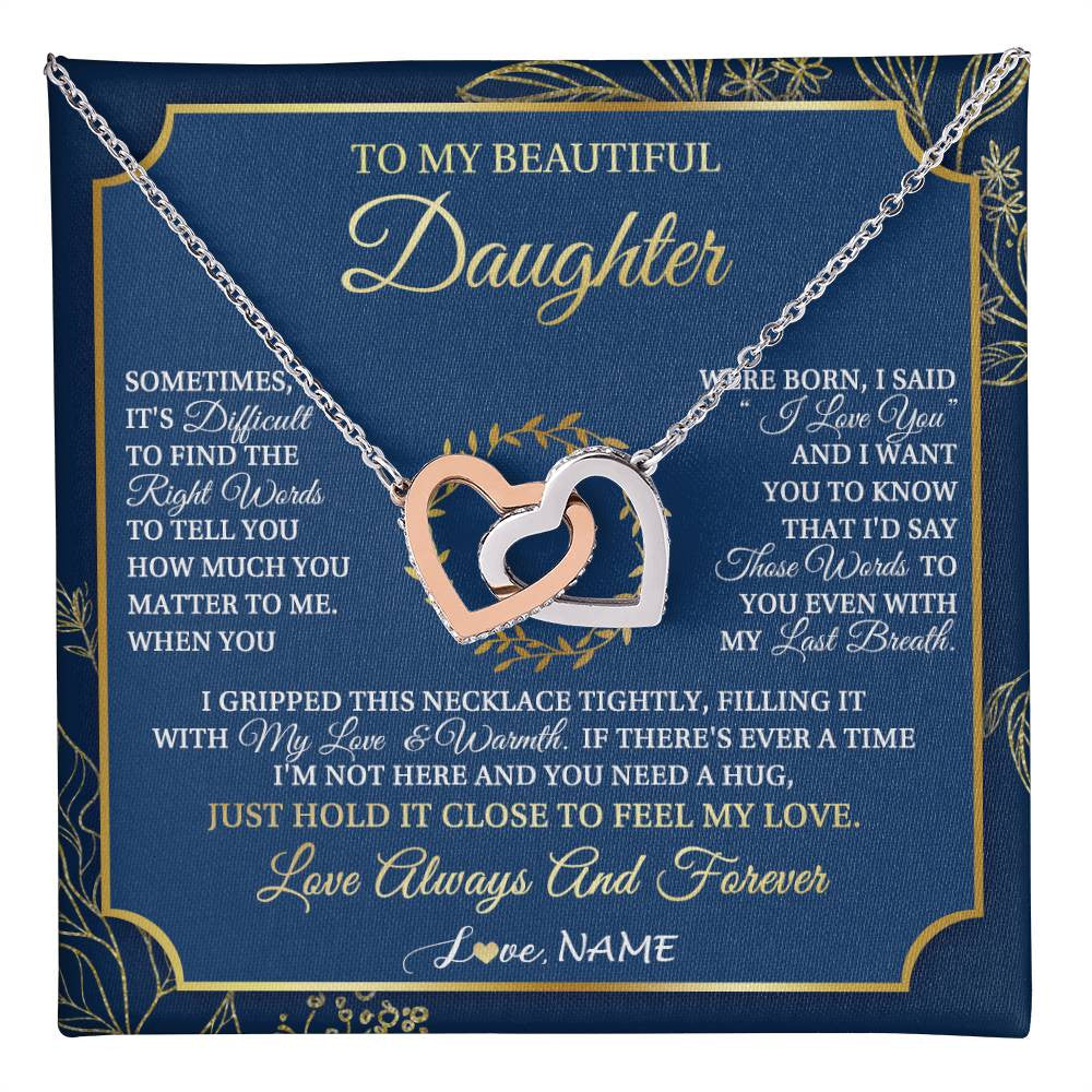 Interlocking Hearts Necklace Stainless Steel & Rose Gold Finish | 1 | Personalized To My Beautiful Daughter From Mom Dad Mother I Gripped This Necklace Daughter Jewelry Birthday Gifts Christmas Customized Gift Box Message Card | teecentury