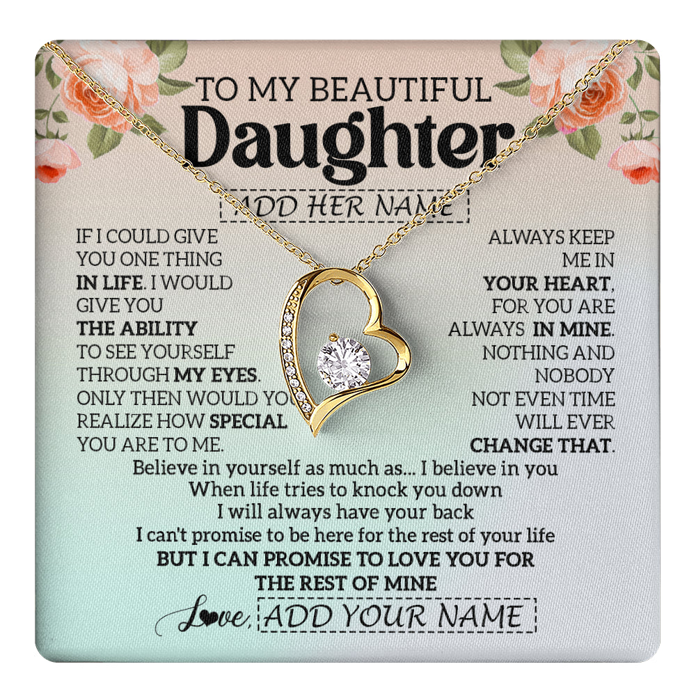 Forever Love Necklace 18K Yellow Gold Finish | 1 | Personalized To My Beautiful Daughter Gifts Necklace From Mom Dad Mother Love Jewelry For Daughter Birthday Christmas Customized Gift Box Message Card | teecentury