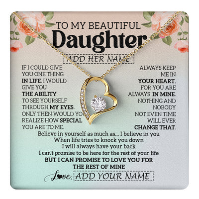 Forever Love Necklace 18K Yellow Gold Finish | 1 | Personalized To My Beautiful Daughter Gifts Necklace From Mom Dad Mother Love Jewelry For Daughter Birthday Christmas Customized Gift Box Message Card | teecentury