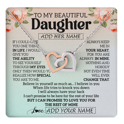 Interlocking Hearts Necklace Stainless Steel & Rose Gold Finish | 1 | Personalized To My Beautiful Daughter Gifts Necklace From Mom Dad Mother Love Jewelry For Daughter Birthday Christmas Customized Gift Box Message Card | teecentury
