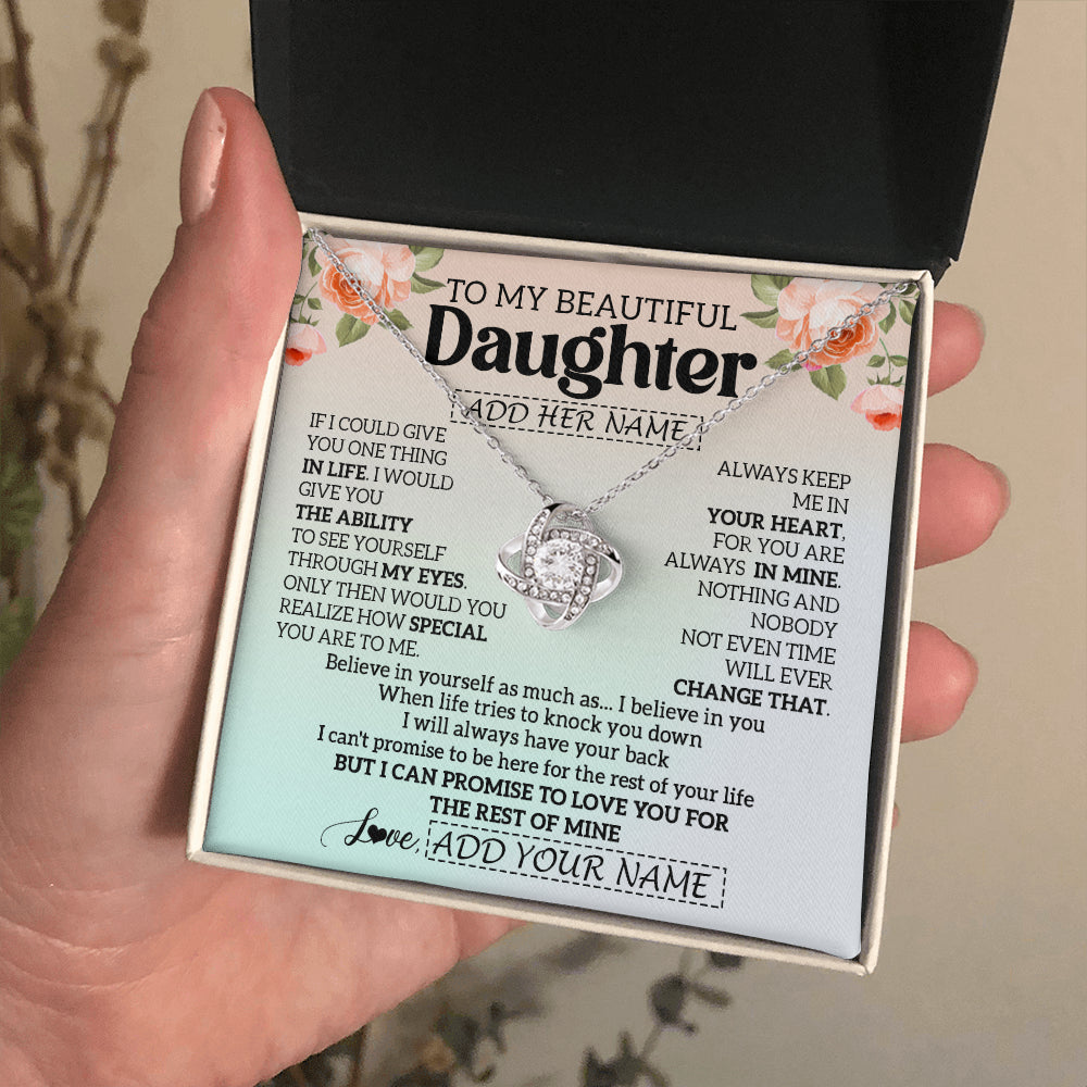 Love Knot Necklace 14K White Gold Finish | 2 | Personalized To My Beautiful Daughter Gifts Necklace From Mom Dad Mother Love Jewelry For Daughter Birthday Christmas Customized Gift Box Message Card | teecentury