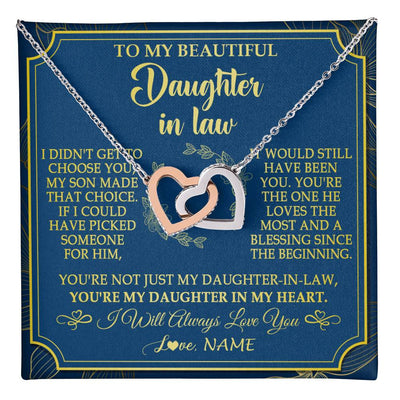 Interlocking Hearts Necklace Stainless Steel & Rose Gold Finish | 1 | Personalized To My Beautiful Daughter In Law Necklace From Mother In Law Daughter In My Heart Jewelry Birthday Gifts Christmas Customized Gift Box Message Card | teecentury