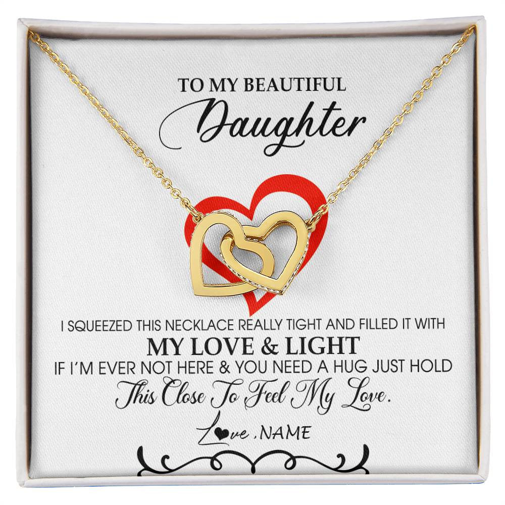 Interlocking Hearts Necklace 18K Yellow Gold Finish | Personalized To My Beautiful Daughter Necklace From Dad Mom Filled With My Love and Light Daughter Jewelry Birthday Christmas Customized Message Card | teecentury