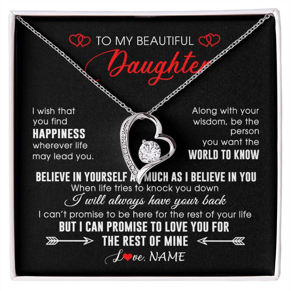 Forever Love Necklace 14K White Gold Finish | Personalized To My Beautiful Daughter Necklace From Mom Dad Happiness Wherever Life Daughter Birthday Graduation Christmas Customized Gift Box Message Card | teecentury