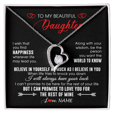 Forever Love Necklace 14K White Gold Finish | Personalized To My Beautiful Daughter Necklace From Mom Dad Happiness Wherever Life Daughter Birthday Graduation Christmas Customized Gift Box Message Card | teecentury