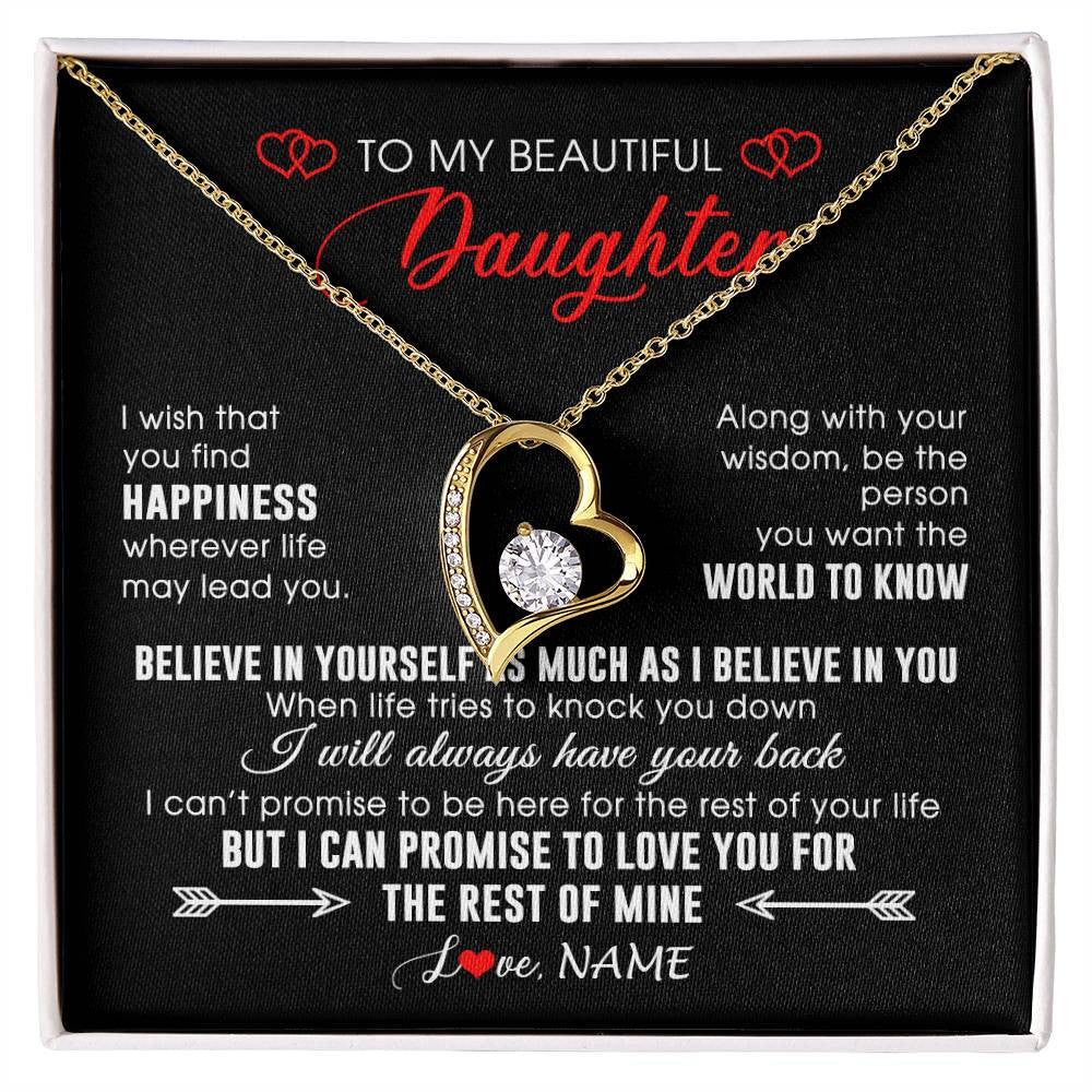 Forever Love Necklace 18K Yellow Gold Finish | Personalized To My Beautiful Daughter Necklace From Mom Dad Happiness Wherever Life Daughter Birthday Graduation Christmas Customized Gift Box Message Card | teecentury
