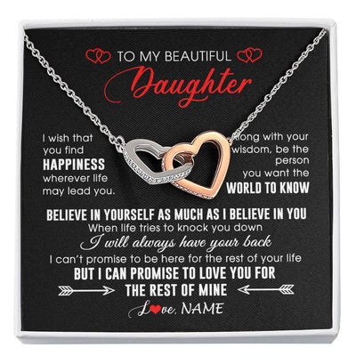 Interlocking Hearts Necklace Stainless Steel & Rose Gold Finish | Personalized To My Beautiful Daughter Necklace From Mom Dad Happiness Wherever Life Daughter Birthday Graduation Christmas Customized Gift Box Message Card | teecentury
