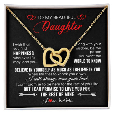 Interlocking Hearts Necklace 18K Yellow Gold Finish | Personalized To My Beautiful Daughter Necklace From Mom Dad Happiness Wherever Life Daughter Birthday Graduation Christmas Customized Gift Box Message Card | teecentury