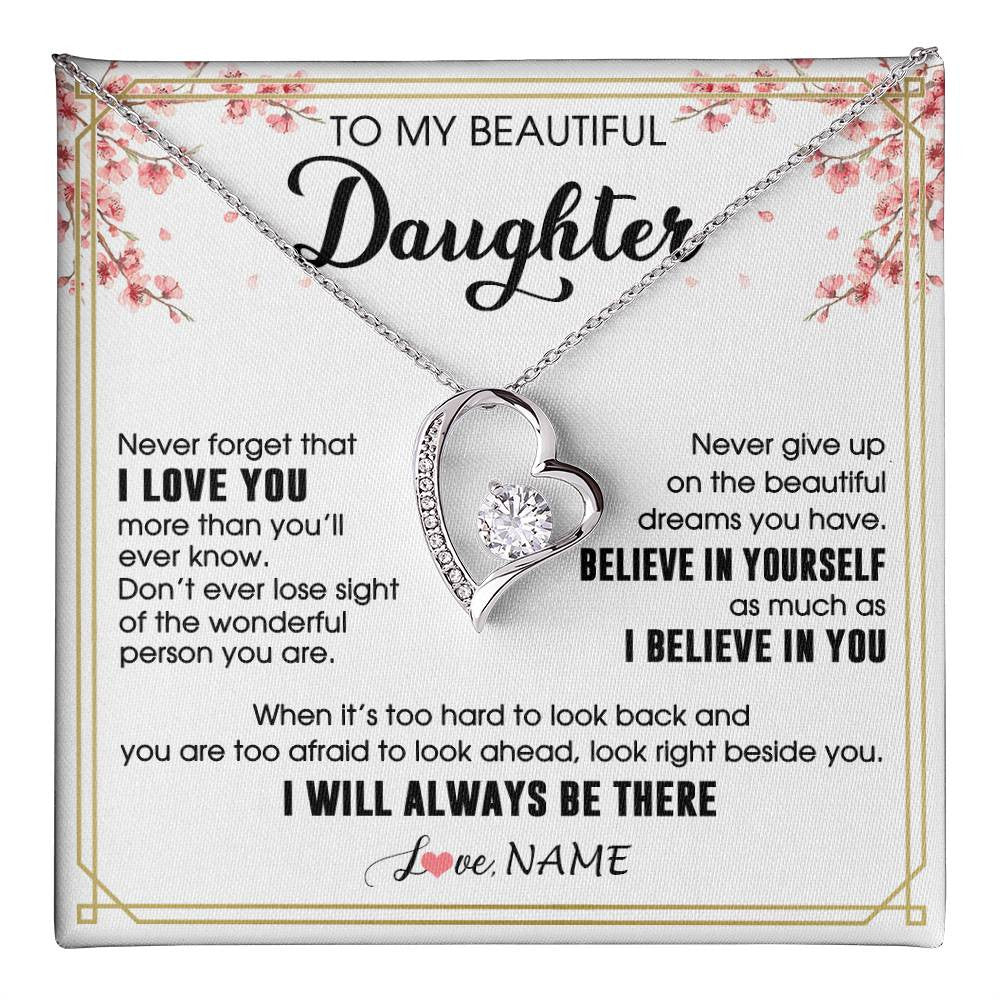 Forever Love Necklace 14K White Gold Finish | 1 | Personalized To My Beautiful Daughter Necklace From Mom Dad I Love You Believe In You Daughter Birthday Gifts Christmas Customized Gift Box Message Card | teecentury
