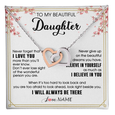 Interlocking Hearts Necklace Stainless Steel & Rose Gold Finish | 1 | Personalized To My Beautiful Daughter Necklace From Mom Dad I Love You Believe In You Daughter Birthday Gifts Christmas Customized Gift Box Message Card | teecentury