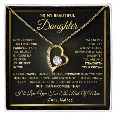 Forever Love Necklace 18K Yellow Gold Finish | 1 | Personalized To My Beautiful Daughter Necklace From Mom Dad Mother I Love You Jewelry Gifts For Daughter Birthday Graduation Christmas Gift Box Message Card | teecentury