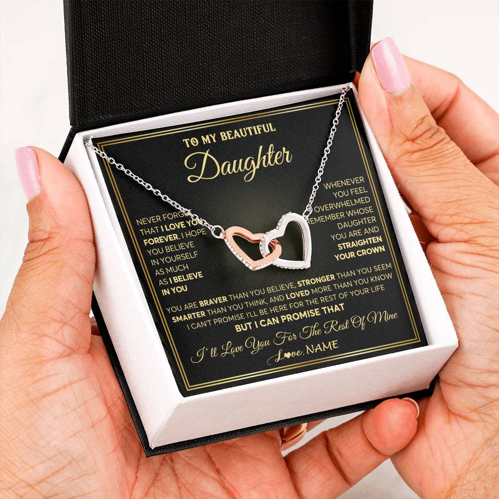 Interlocking Hearts Necklace Stainless Steel & Rose Gold Finish | 2 | Personalized To My Beautiful Daughter Necklace From Mom Dad Mother I Love You Jewelry Gifts For Daughter Birthday Graduation Christmas Gift Box Message Card | teecentury