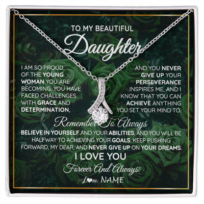 Alluring Beauty Necklace 14K White Gold Finish | Personalized To My Beautiful Daughter Necklace From Mom Dad Mother Never Give Up Birthday Graduation Motivational Quote Customized Gift Box Message Card | teecentury