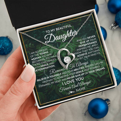 Forever Love Necklace 14K White Gold Finish | Personalized To My Beautiful Daughter Necklace From Mom Dad Mother Never Give Up Birthday Graduation Motivational Quote Customized Gift Box Message Card | teecentury