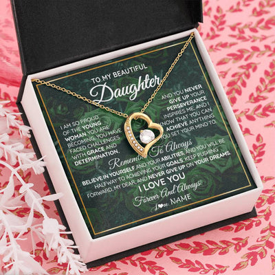 Forever Love Necklace 18K Yellow Gold Finish | Personalized To My Beautiful Daughter Necklace From Mom Dad Mother Never Give Up Birthday Graduation Motivational Quote Customized Gift Box Message Card | teecentury