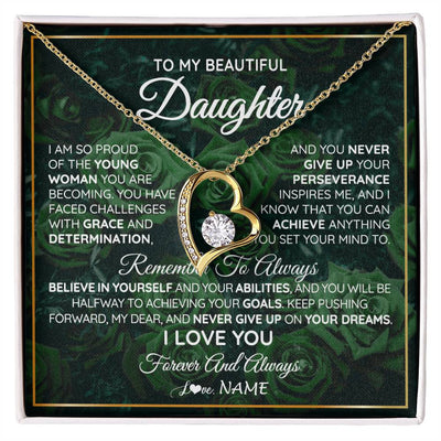 Forever Love Necklace 18K Yellow Gold Finish | Personalized To My Beautiful Daughter Necklace From Mom Dad Mother Never Give Up Birthday Graduation Motivational Quote Customized Gift Box Message Card | teecentury