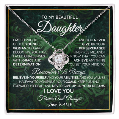 Love Knot Necklace 14K White Gold Finish | Personalized To My Beautiful Daughter Necklace From Mom Dad Mother Never Give Up Birthday Graduation Motivational Quote Customized Gift Box Message Card | teecentury