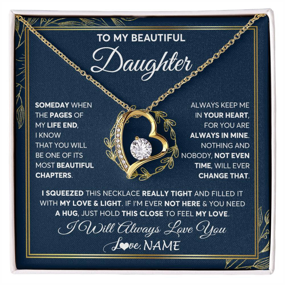 Forever Love Necklace 18K Yellow Gold Finish | Personalized To My Beautiful Daughter Necklace From Mom Dad Mother Someday Daughter Birthday Christmas Jewelry Charm Present Customized Gift Box Message Card | teecentury
