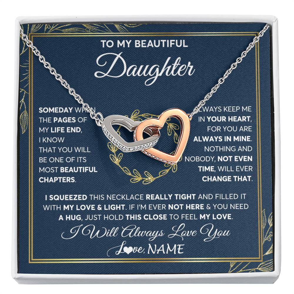 Interlocking Hearts Necklace Stainless Steel & Rose Gold Finish | Personalized To My Beautiful Daughter Necklace From Mom Dad Mother Someday Daughter Birthday Christmas Jewelry Charm Present Customized Gift Box Message Card | teecentury