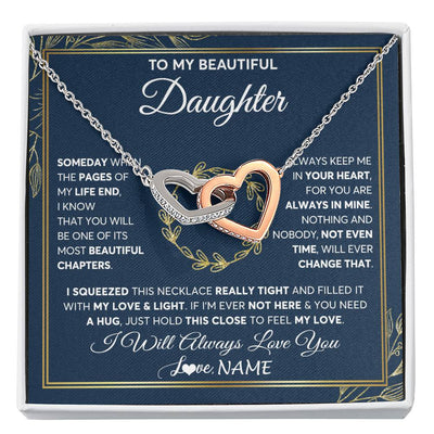 Interlocking Hearts Necklace Stainless Steel & Rose Gold Finish | Personalized To My Beautiful Daughter Necklace From Mom Dad Mother Someday Daughter Birthday Christmas Jewelry Charm Present Customized Gift Box Message Card | teecentury