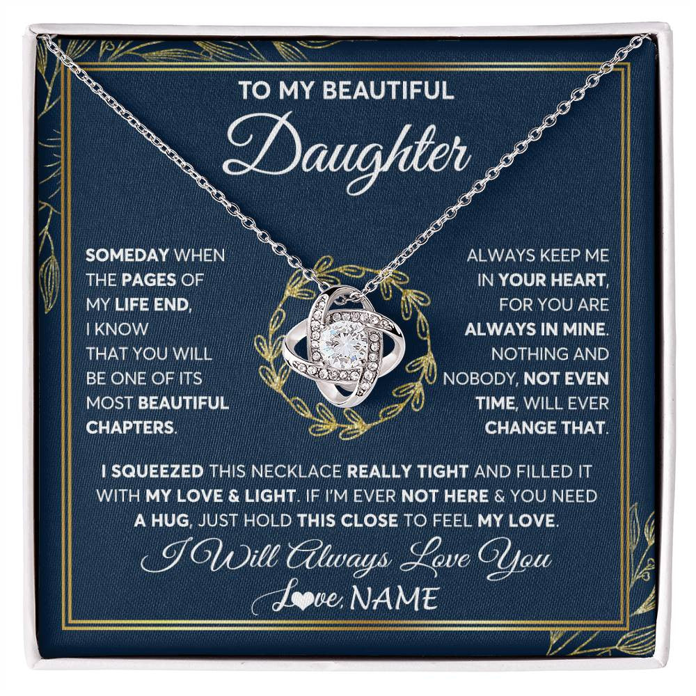 Love Knot Necklace 14K White Gold Finish | Personalized To My Beautiful Daughter Necklace From Mom Dad Mother Someday Daughter Birthday Christmas Jewelry Charm Present Customized Gift Box Message Card | teecentury