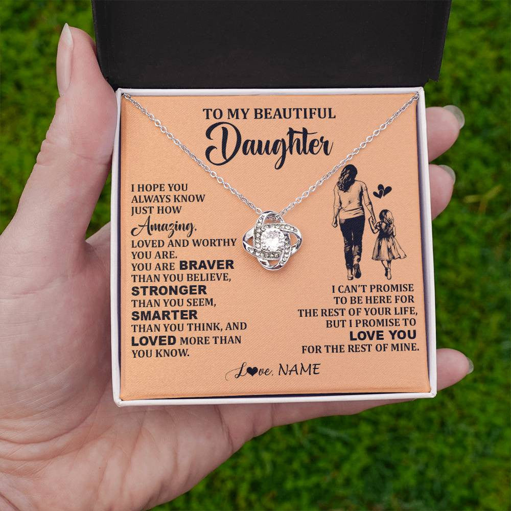 Love Knot Necklace 14K White Gold Finish | 2 | Personalized To My Beautiful Daughter Necklace From Mom Mother Promise To Love You Daughter Birthday Graduation Christmas Customized Gift Box Message Card | teecentury