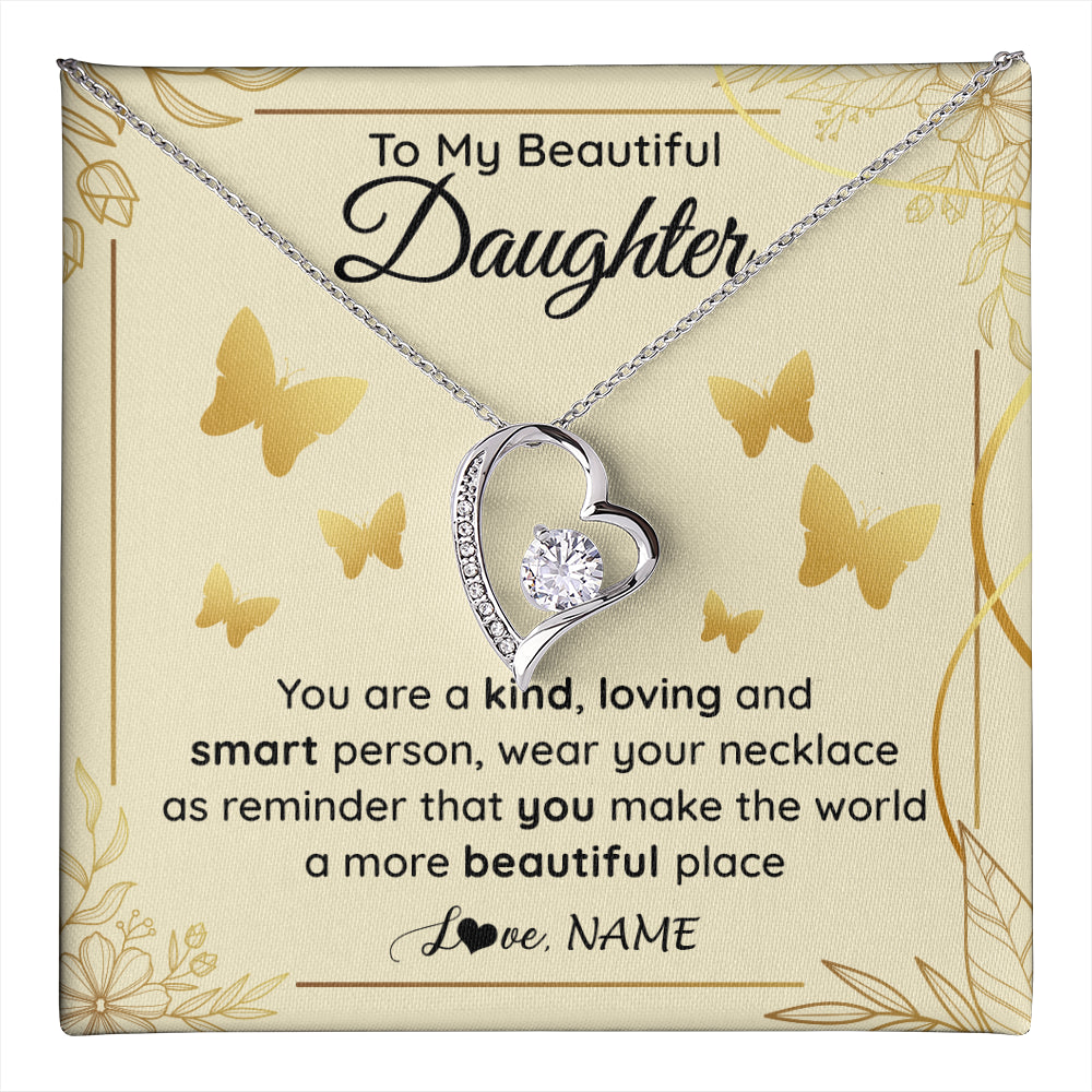 Forever Love Necklace 14K White Gold Finish | 1 | Personalized To My Beautiful Daughter Necklace From Mom You Are A Kind Loving Daughter Birthday Jewelry Graduation Christmas Customized Gift Box Message Card | teecentury