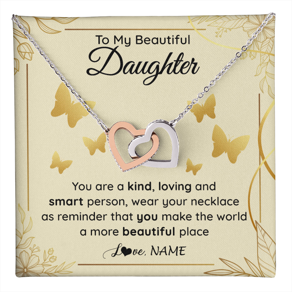 Interlocking Hearts Necklace Stainless Steel & Rose Gold Finish | 1 | Personalized To My Beautiful Daughter Necklace From Mom You Are A Kind Loving Daughter Birthday Jewelry Graduation Christmas Customized Gift Box Message Card | teecentury
