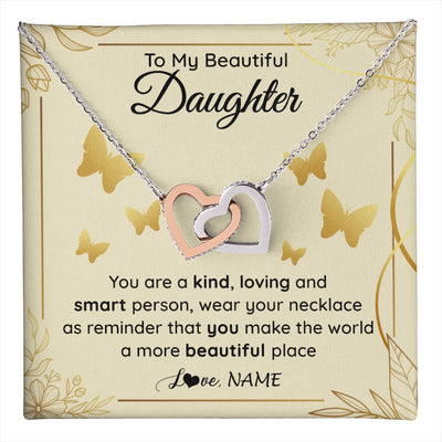 Interlocking Hearts Necklace Stainless Steel & Rose Gold Finish | 1 | Personalized To My Beautiful Daughter Necklace From Mom You Are A Kind Loving Daughter Birthday Jewelry Graduation Christmas Customized Gift Box Message Card | teecentury