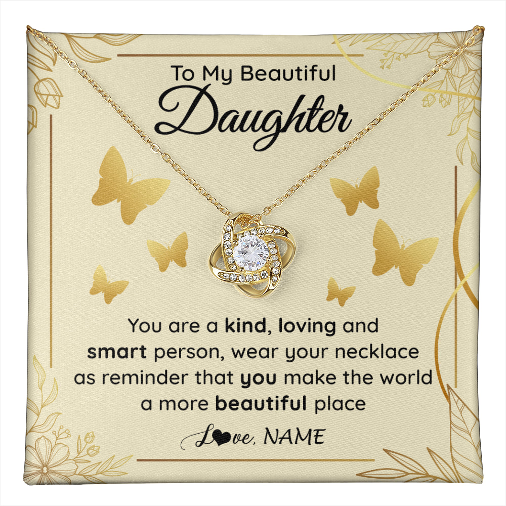 Love Knot Necklace 18K Yellow Gold Finish | 1 | Personalized To My Beautiful Daughter Necklace From Mom You Are A Kind Loving Daughter Birthday Jewelry Graduation Christmas Customized Gift Box Message Card | teecentury