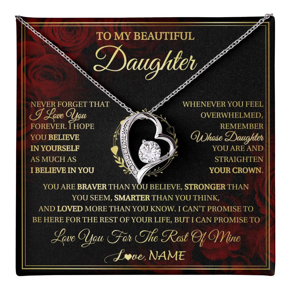 Forever Love Necklace 14K White Gold Finish | 1 | Personalized To My Beautiful Daughter Necklace Gift From Mom Dad Mother Father I Love You Daughter Birthday Jewelry Christmas Customized Gift Box Message Card | teecentury