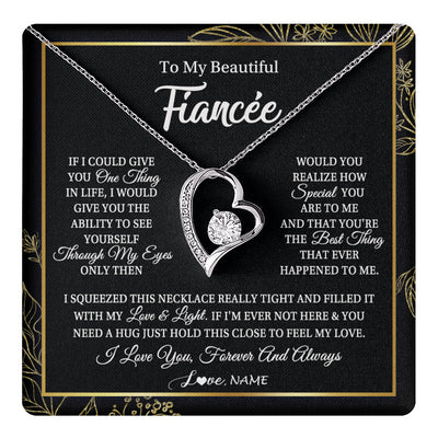 Forever Love Necklace 14K White Gold Finish | 1 | Personalized To My Beautiful Fiancee Necklace From Fiance Feel My Love For Her Fiancee Birthday Anniversary Valentines Day Christmas Customized Message Card | teecentury