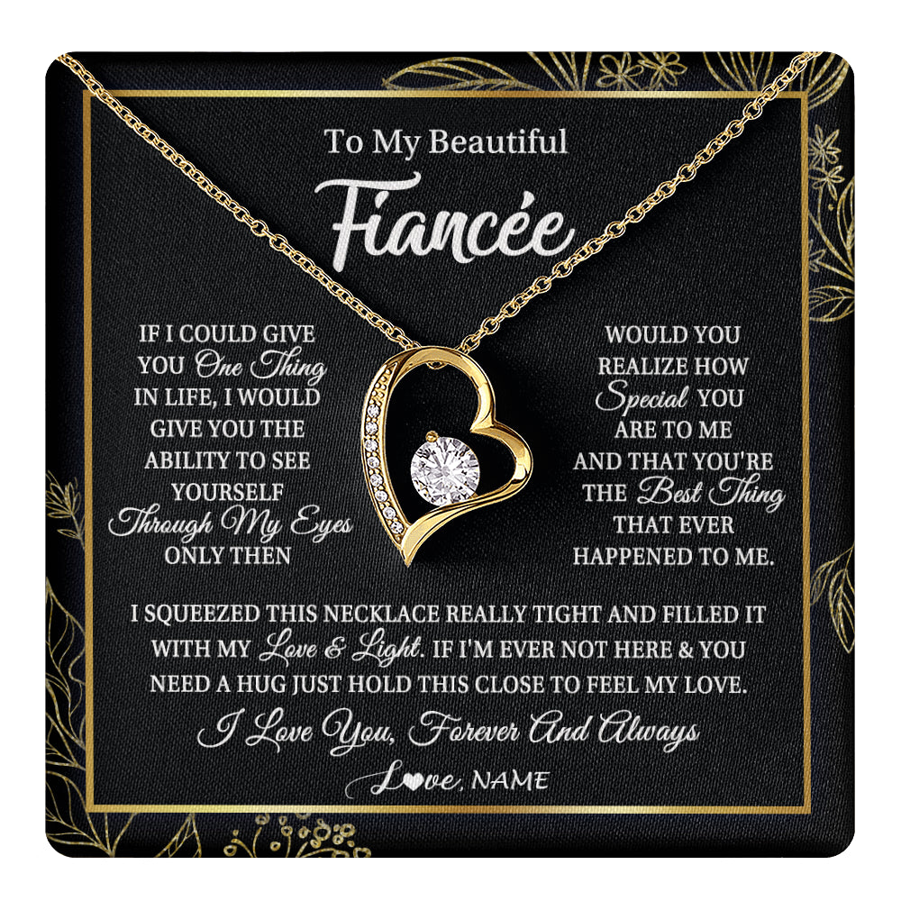 Forever Love Necklace 18K Yellow Gold Finish | 1 | Personalized To My Beautiful Fiancee Necklace From Fiance Feel My Love For Her Fiancee Birthday Anniversary Valentines Day Christmas Customized Message Card | teecentury