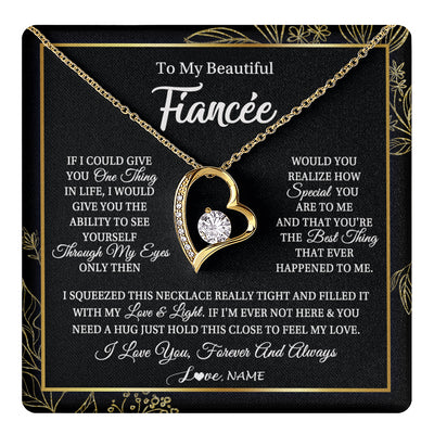 Forever Love Necklace 18K Yellow Gold Finish | 1 | Personalized To My Beautiful Fiancee Necklace From Fiance Feel My Love For Her Fiancee Birthday Anniversary Valentines Day Christmas Customized Message Card | teecentury