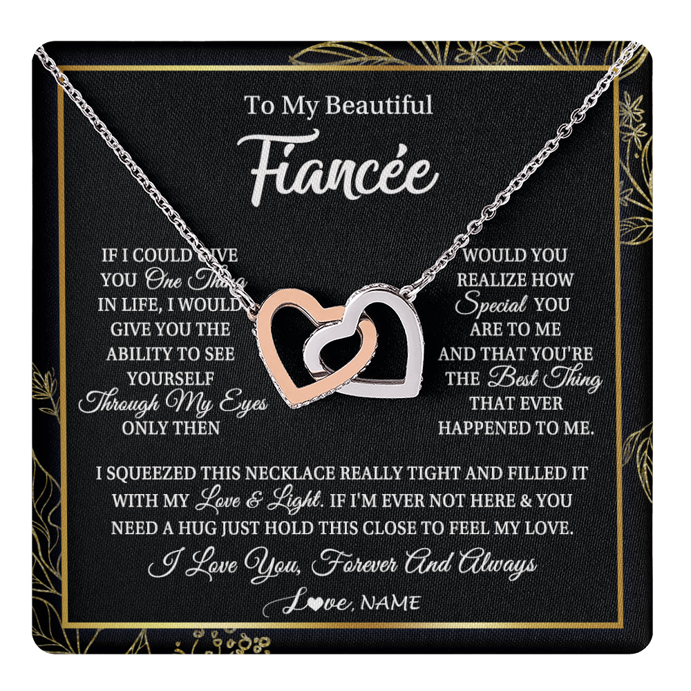 Interlocking Hearts Necklace Stainless Steel & Rose Gold Finish | 1 | Personalized To My Beautiful Fiancee Necklace From Fiance Feel My Love For Her Fiancee Birthday Anniversary Valentines Day Christmas Customized Message Card | teecentury