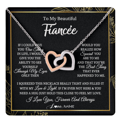 Interlocking Hearts Necklace Stainless Steel & Rose Gold Finish | 1 | Personalized To My Beautiful Fiancee Necklace From Fiance Feel My Love For Her Fiancee Birthday Anniversary Valentines Day Christmas Customized Message Card | teecentury