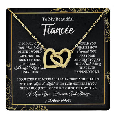 Interlocking Hearts Necklace 18K Yellow Gold Finish | 1 | Personalized To My Beautiful Fiancee Necklace From Fiance Feel My Love For Her Fiancee Birthday Anniversary Valentines Day Christmas Customized Message Card | teecentury