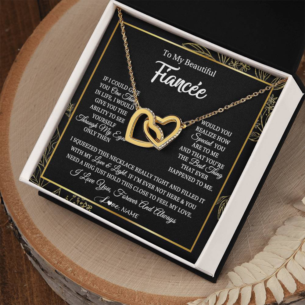 Interlocking Hearts Necklace 18K Yellow Gold Finish | Personalized To My Beautiful Fiancee Necklace From Fiance Feel My Love For Her Fiancee Birthday Anniversary Valentines Day Christmas Customized Message Card | teecentury