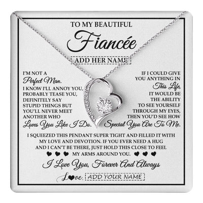 Forever Love Necklace 14K White Gold Finish | 1 | Personalized To My Beautiful Fiancée Necklace From Fiancé Love You Like I Do Promise Fiancee Romantic Birthday Anniversary Christmas Gift Box Message Card | teecentury