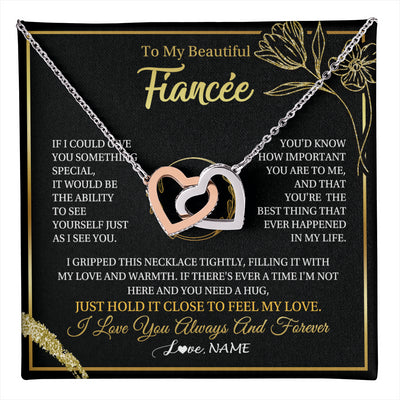 Interlocking Hearts Necklace Stainless Steel & Rose Gold Finish | 1 | Personalized To My Beautiful Fiancée Necklace From Fiancé My Love Fiancee Birthday Romantic Unique Anniversary Christmas Customized Gift Box Message Card | teecentury