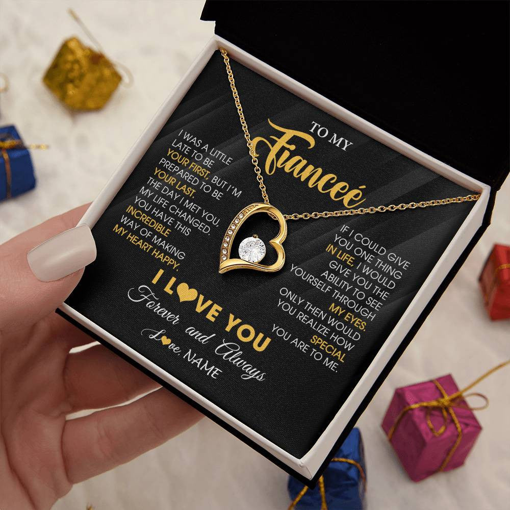 Forever Love Necklace 18K Yellow Gold Finish | 2 | Personalized To My Beautiful Fiancee Necklace From Fiance Son Jewelry Forever Love Fiancee Birthday Gifts Anniversary Valentines Day Gift Box Message Card | teecentury