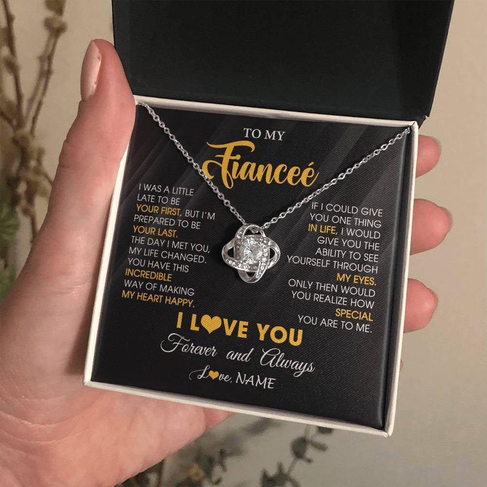 Love Knot Necklace 14K White Gold Finish | 2 | Personalized To My Beautiful Fiancee Necklace From Fiance Son Jewelry Forever Love Fiancee Birthday Gifts Anniversary Valentines Day Gift Box Message Card | teecentury