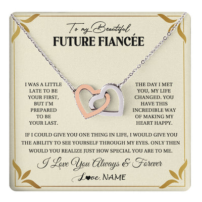 Interlocking Hearts Necklace Stainless Steel & Rose Gold Finish | 1 | Personalized To My Beautiful Fiancee Necklace Gift From Fiance Promise Necklace For Fiancee Birthday Valentines Day Christmas Customized Gift Box Message Card | teecentury